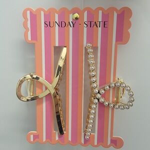 Sunday State Metal Bow Claw Clips Gold  And White Pearl Set‎ Of 2 Gold
